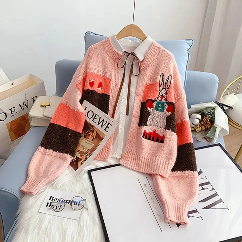 

Women Cardigan Long Sleeve Sweater Autumn Winter Knitted Cartoon Rabbit Embroidery Pullovers Jumper Young Ladies Sweaters NS562