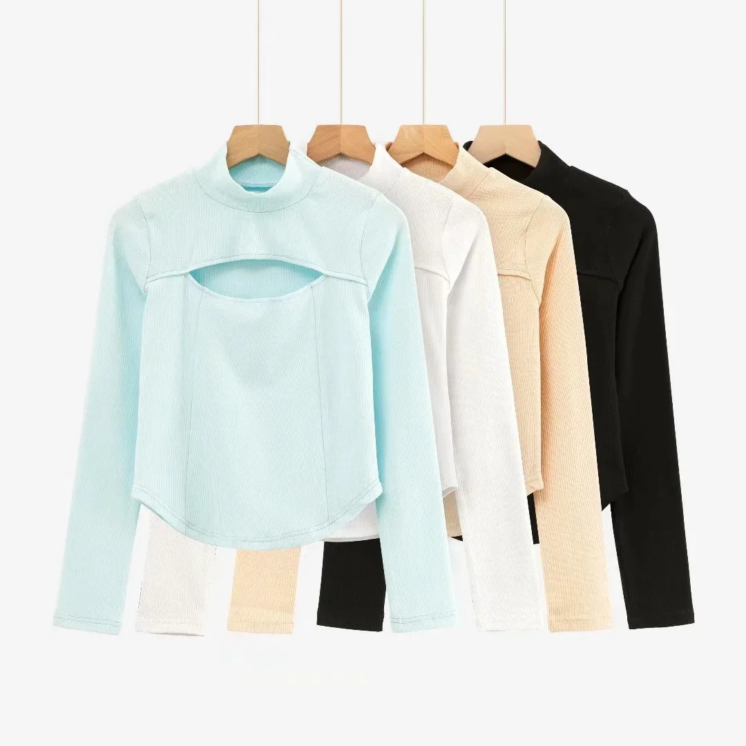 

Knitted long sleeve t-shirt female sexy hollow out slim fit elastic half high collar spring and autumn versatile T-shirt