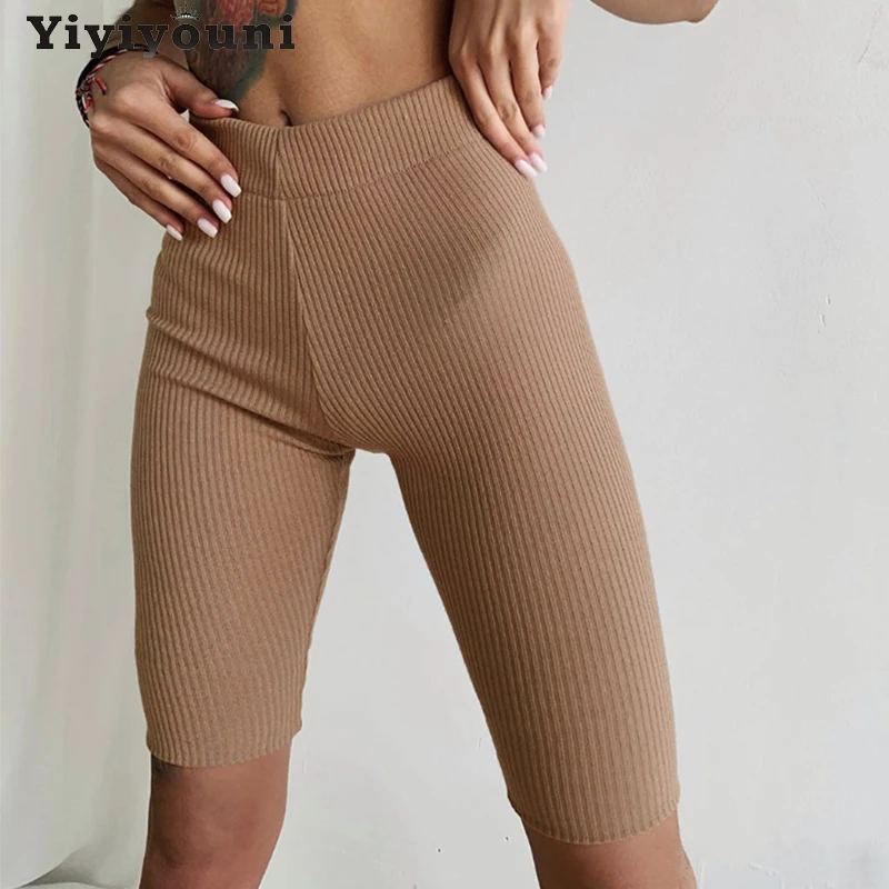 

FAKUNTN Yiyiyouni Elastic High Waist Knitted Skinny Shorts Women Summer Casual Solid Slim Shorts Women White Pink Cotton Bottoms