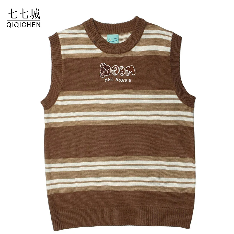 

Винтажный полосатый вязаный жилет в стиле Харадзюку, Женский оверсайз свитер без рукавов с вышивкой в виде медведя, мужской повседневный жи...