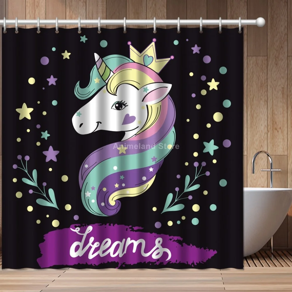 Маленькая черная занавеска для душа с 3D рисунком единорога девочек комплект