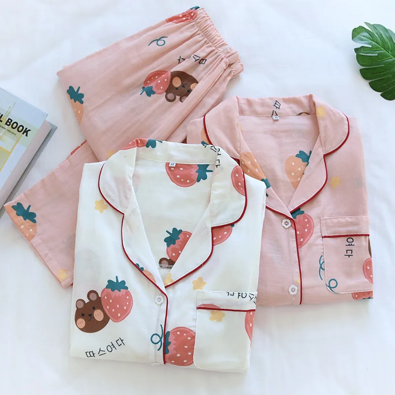 

Spring and Autumn Pajamas Women's Long-sleeved Cotton Gauze Summer Printed Home Service Two-piece Suit Student Plus Size Pajamas