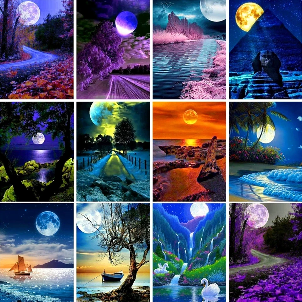 

Diy 5D Diamond Painting Landscape Full Moon Cross Stitch Kit Rhinestone Diamond Embroidery Mosaic Art Home Decoration Picture