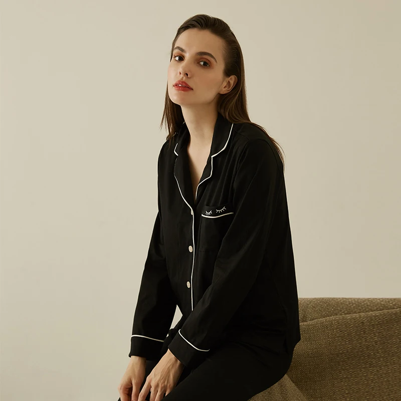 

Autumn Winter Cotton Pajamas Set Women Long Sleeve Sleepwear Black Pyjamas Set Leisure Loose Nightwear Homewear
