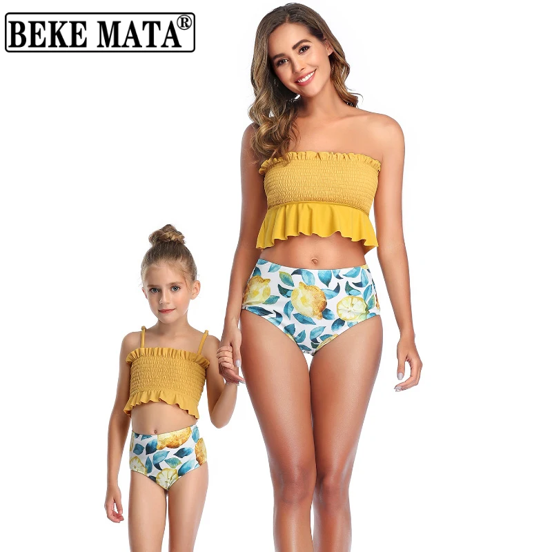 

Mother Daughter Swimwear 2020 New Mommy And Me Clothes High Waist Mom And Girl Bikini Set Leaf Print Family Matching Swimsuit