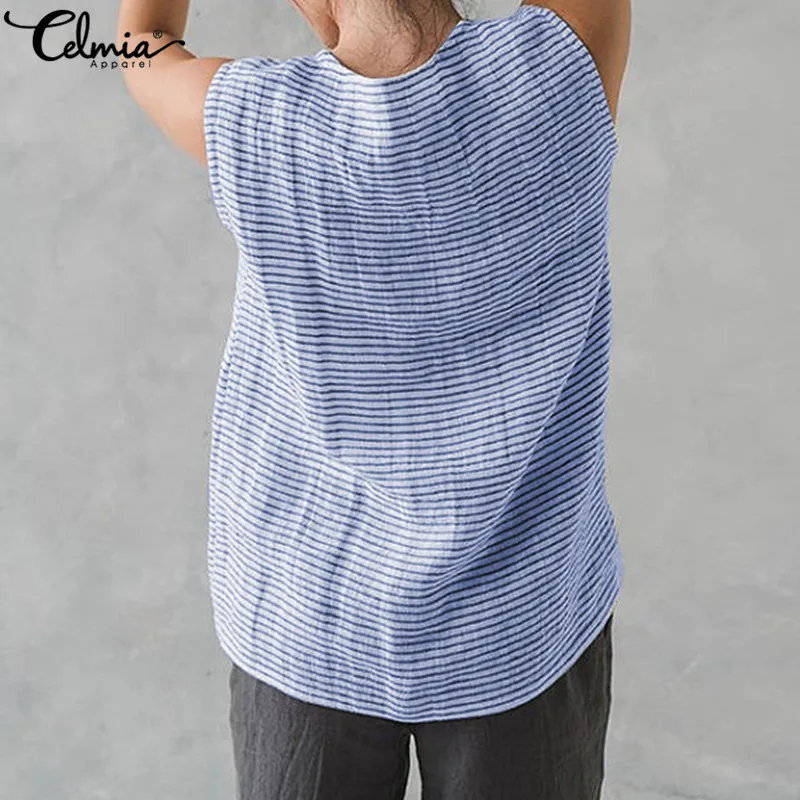 

Celmia 2021 Chic Plus Size Tops Summer Sleeveless Striped Blouses Casual Loose Women Clothing Basic Shirt Linen Camisa Mujer