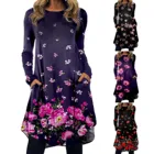 Женское винтажное платье с цветочным принтом, вечерние нным рукавом и круглым вырезом