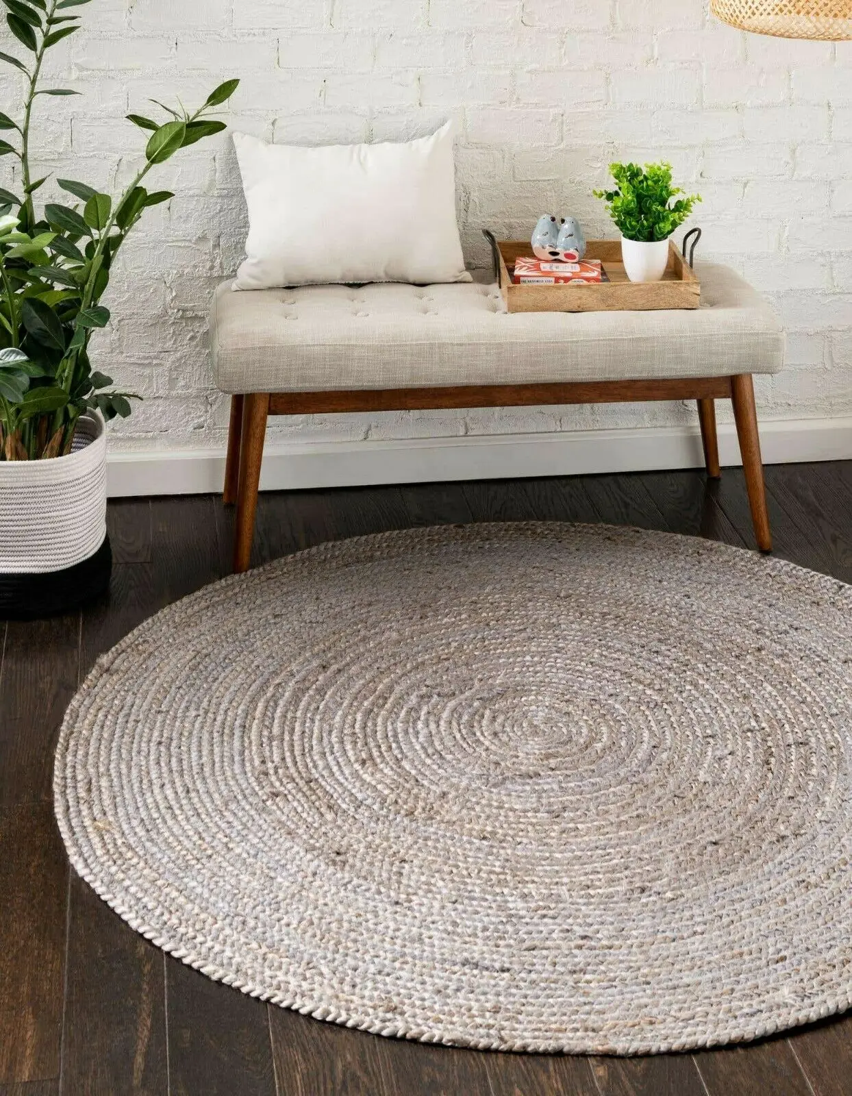 

Rug 100% Natural Jute Round Grey Carpet Braided Style Reversible Area Rag Rugs