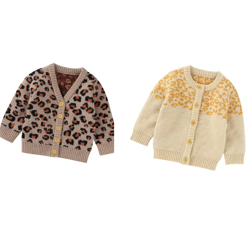 Осенний кардиган для маленьких девочек свитер с длинным рукавом и леопардовым