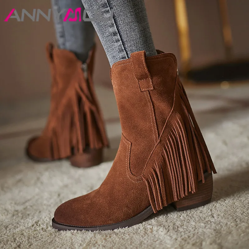 

ANNYMOLI Real Leather High Heel Mid Calf Boots Women Shoes Fringe Cow Suede Chunky Heels Zip Boots Ladies Autumn Winter Brown 42