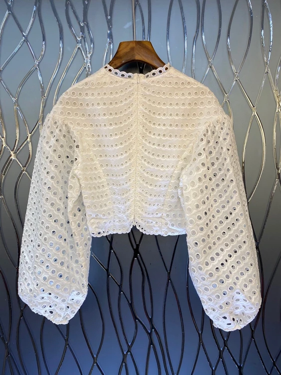 

2021 Early Spring New Women's Round Neck Back Zipper Hole Hollow Decorative Lantern Sleeve Short Top 104