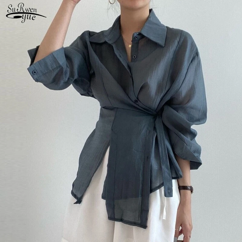 

Блузка женская Солнцезащитная Асимметричная с длинными рукавами и тонкой пряжкой