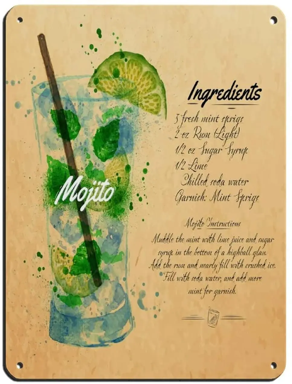 

Mojito Cocktail Watercolor Retro Poster Retro Poster Metal Tin Sign Chic Art Retro Iron Painting Bar People Cave Cafe Family