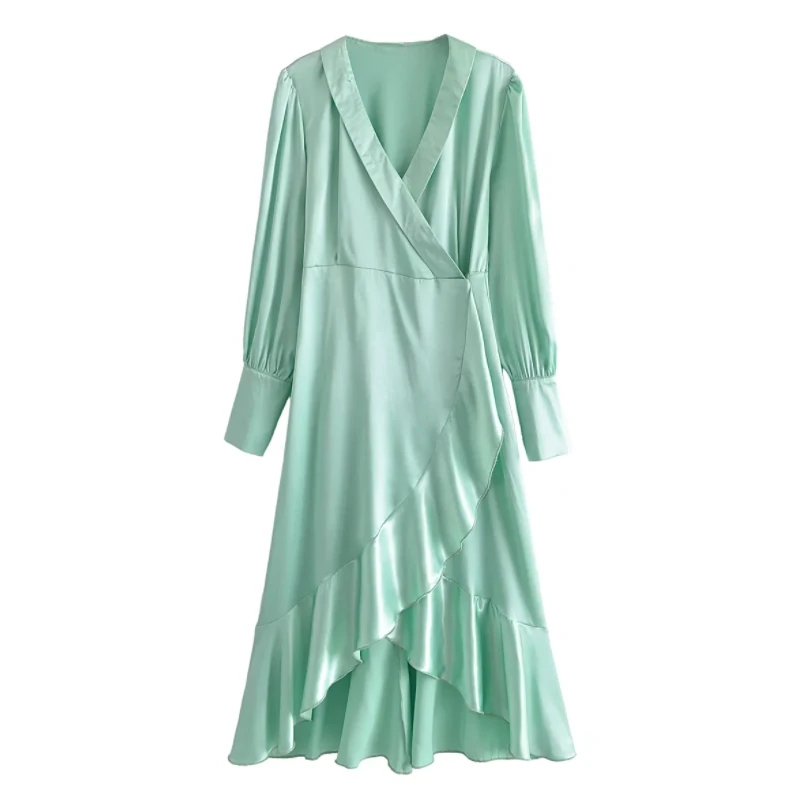 

Women Satin V Neck Cross Cascading Ruffle Wrap Dress Female Long Sleeve Clothes Casual Lady Loose Vestido D9006