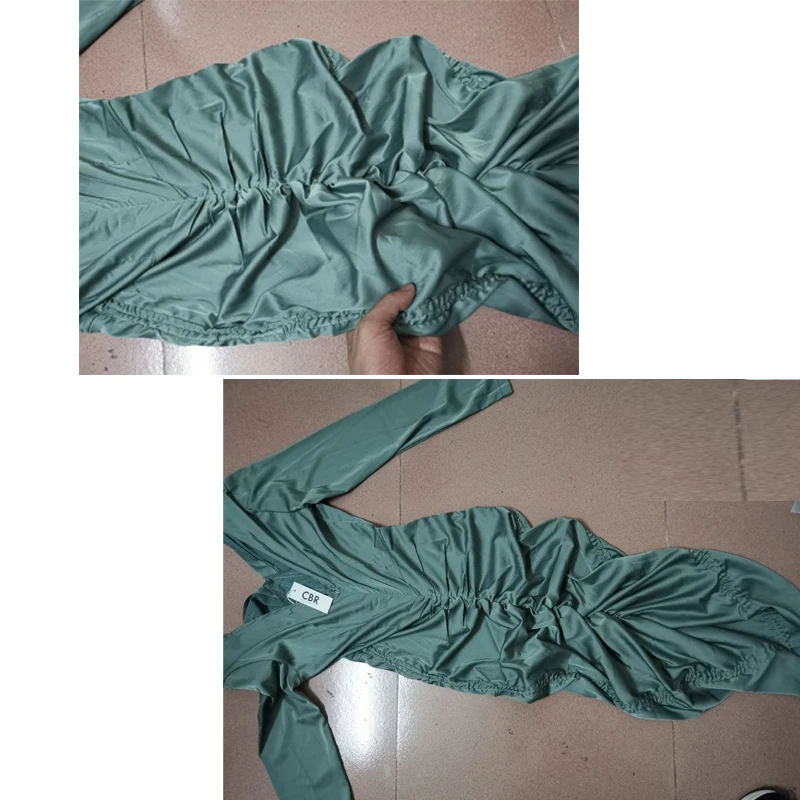 

Women Sexy Green Long Sleeve Ruched Drawstring Satin Bodycon Dress