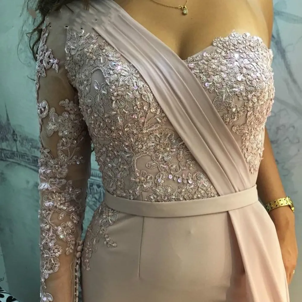 

One Shoulder Evening Dresses for Women 2020 Appliques Long Sleeves Mermaid Formal Party Gowns vestidos de cerimonia