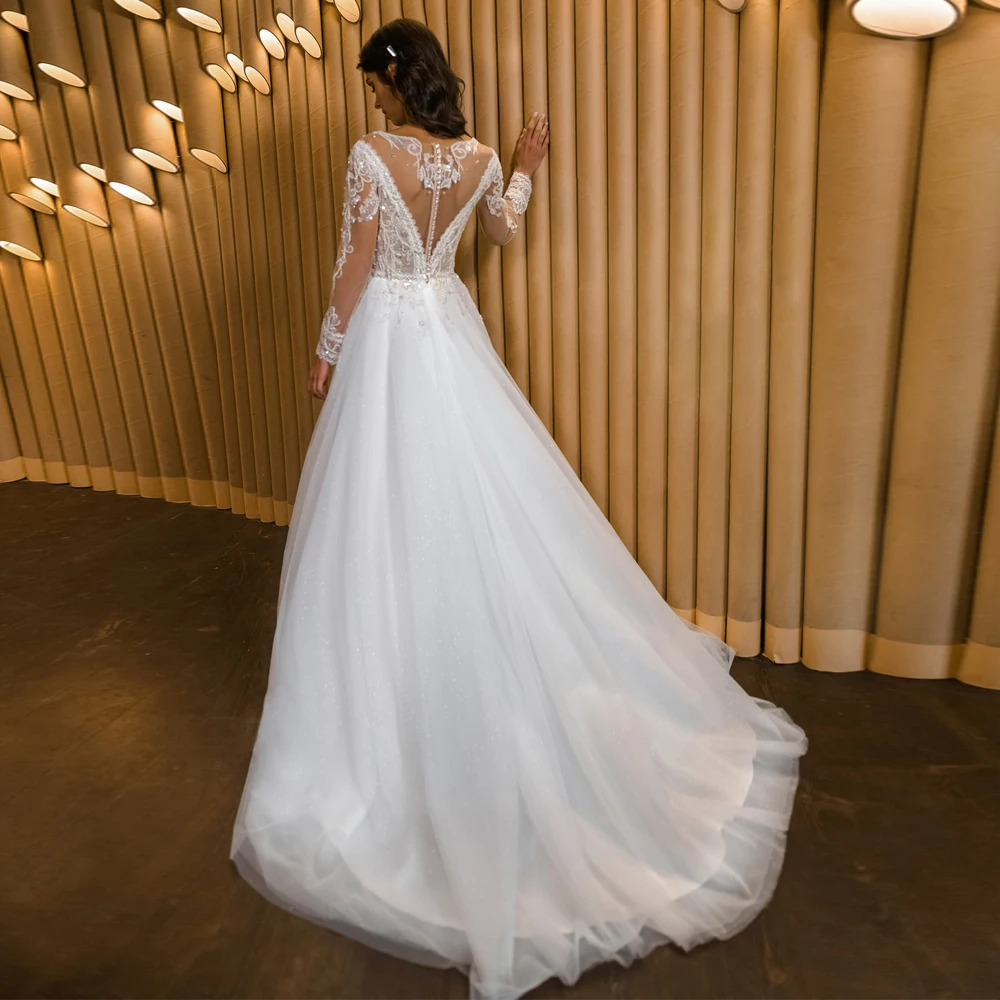 

Vestidos Elegant Wedding Dresses Tulle Illusion Appliques Bateau Full Sleeve Covered Button Ball Bridal Gowns