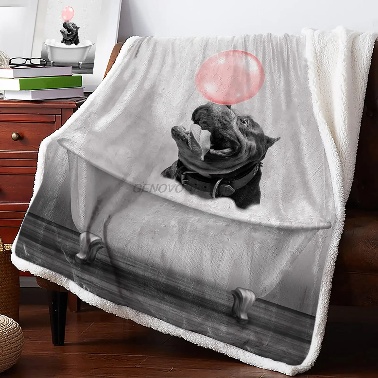 

Fleece Plush Throw Blankets Fuzzy Soft Blanket, Funny Bulldog in Bathtub Blankets All Season Lightweight Thermal Throw, Throw B