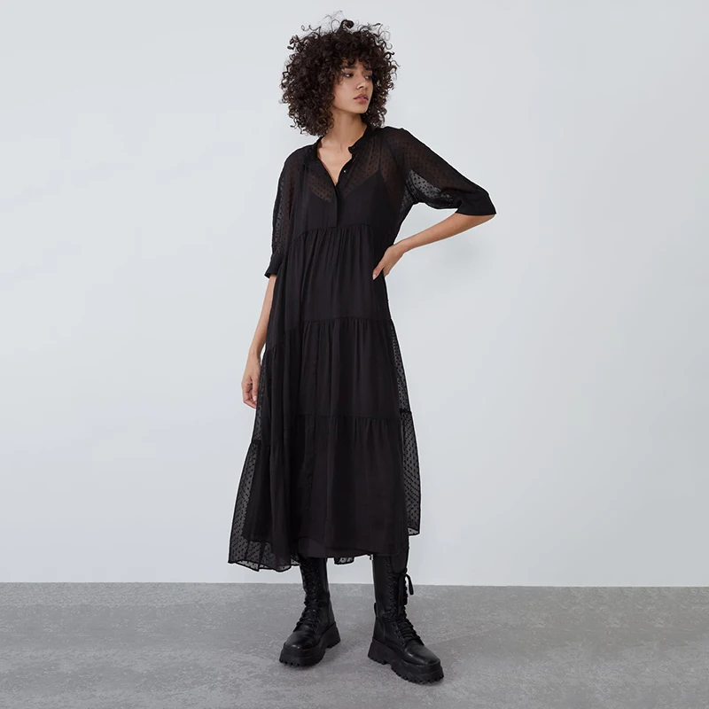 Женское шифоновое платье ZA черное богемное Повседневное с коротким рукавом и