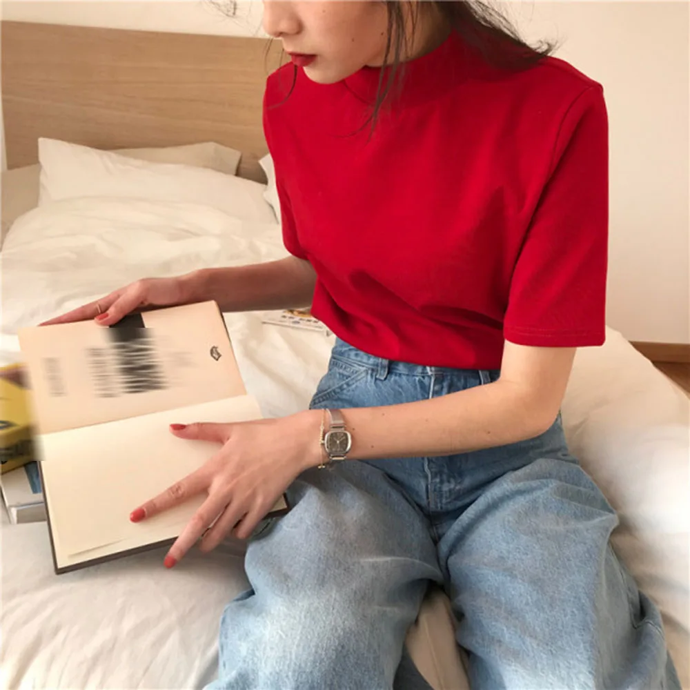 

2021 Korean Fashion T-Shirt Summer Casual Temperament Solid Color Half High Collar Simple Thin Hot Sale Summer