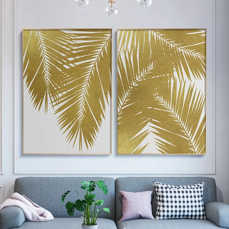 

Nordic Canvas Poster Oil Painting Decoration Golden Leaf Plants Print Wall Art Decorative Pictures Wall Paintings