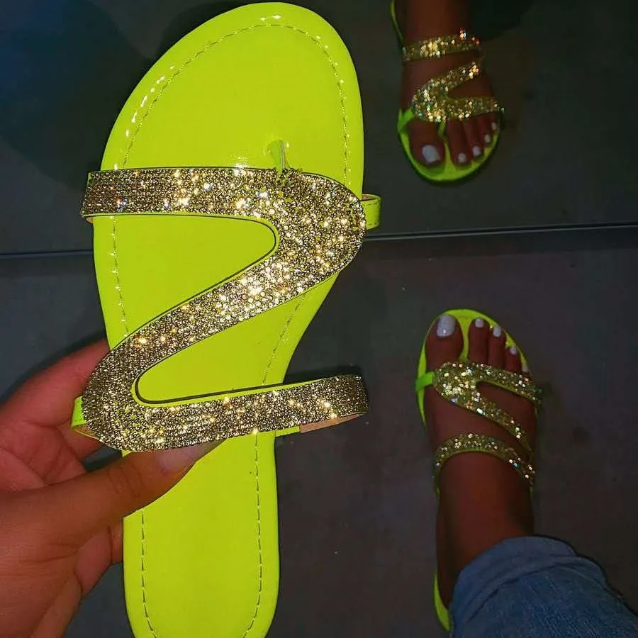 

Fashion Women's Flat Sandals Open Toe Solid Color Rhinestone Slippers Outdoor Beach Shoes Plus Size 42