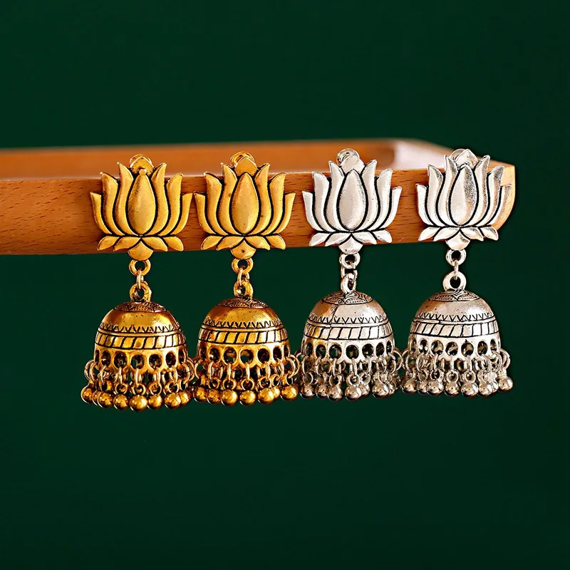 

Egypt Vintage Gold Silver Color Lotus Jhumka Bells Tassel Earrings For Women Turkish Tribal Gypsy Indian Jewelry