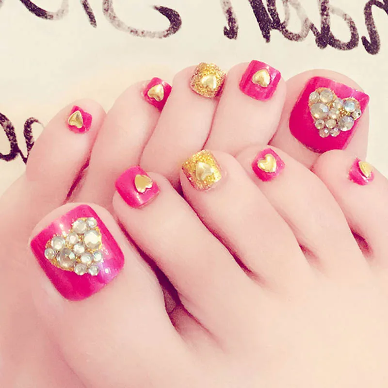 Glitter Fake Nail Rhinestone Heart Shape Full Cover False Foot 24pcs Girls Sweet Rose Red Nails | Красота и здоровье