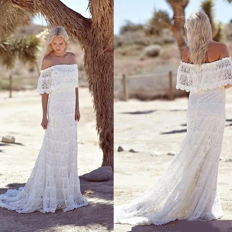 

Simple Full Lace Country Boho Wedding Dresses Off The Shoulder Sweep Train Short Sleeves Cheap 2019 Beach Bohemian Bridal Gowns