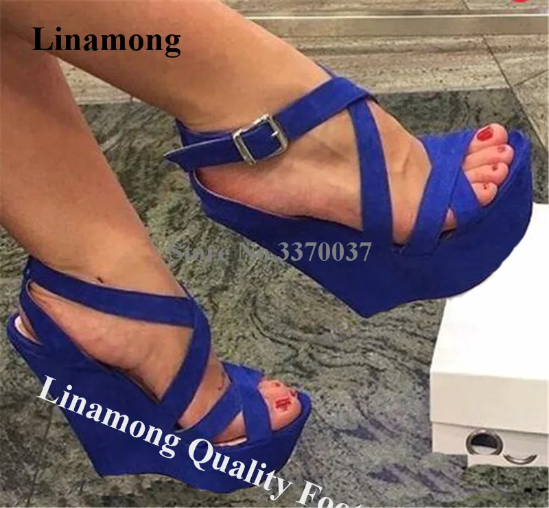 

Linamong Summer Suede Leather High Platform Wedge Sandals Blue Straps Cross Ankle Buckles Wedges Height Increased Dress Shoes