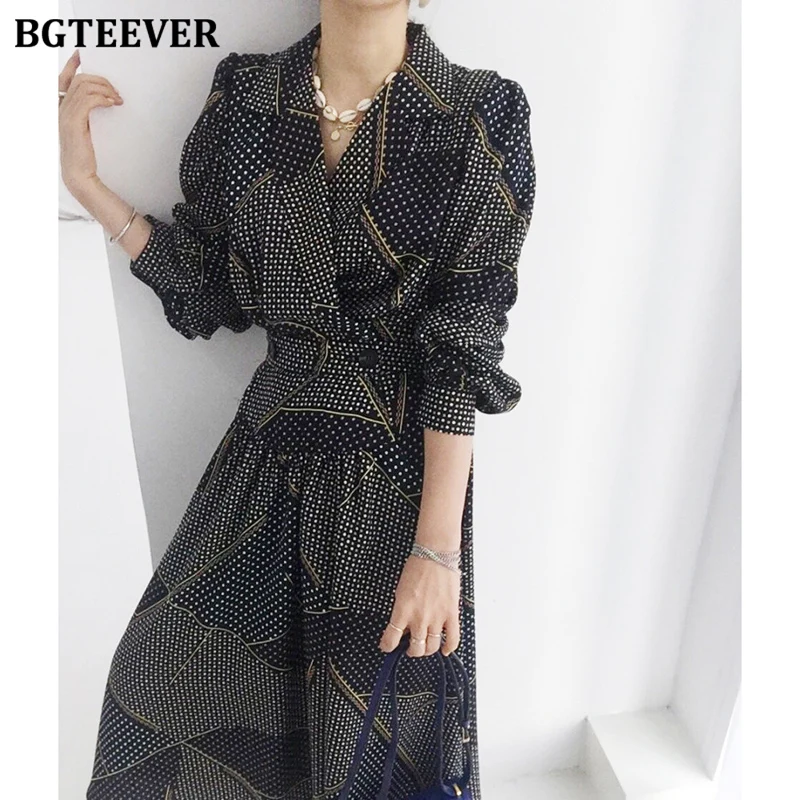 

BGTEEVER Vintage Turn-down Collar Polka Dots Dress for Women 2022 Spring Elegant Long Sleeve Geometric Female A-line Dress