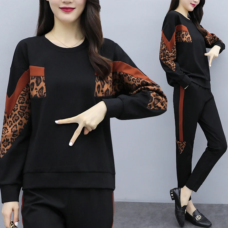 Женский спортивный костюм размера плюс Леопардовый принт пэтчворк комплект