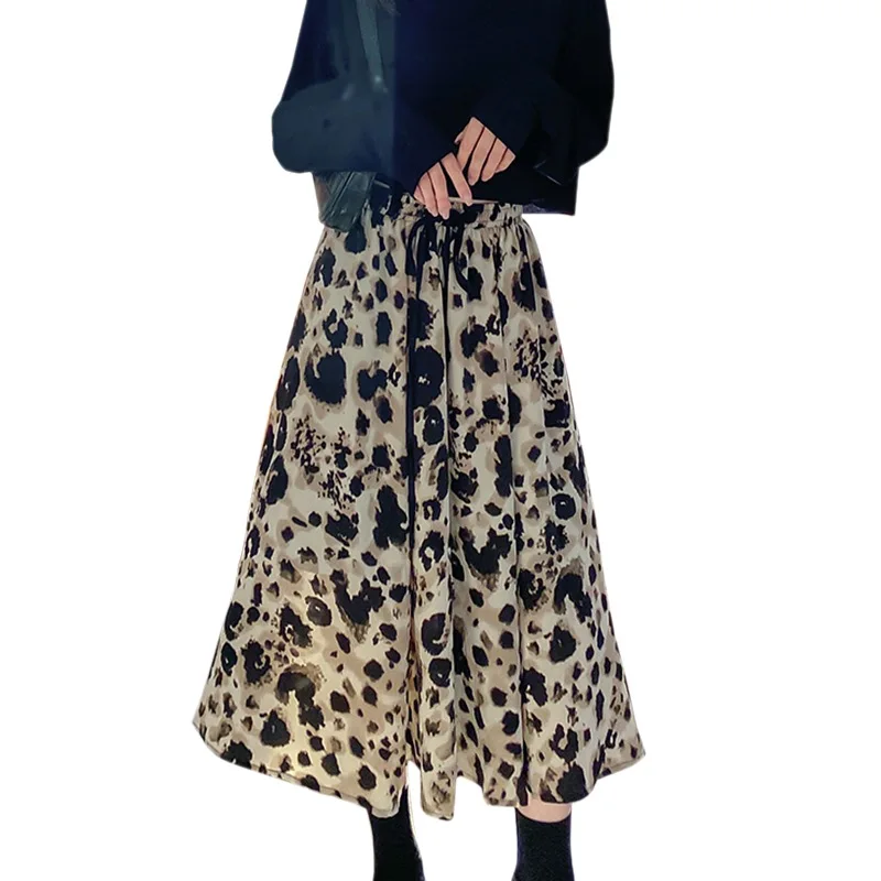 

Women's Leopard High Waist Lace-Up Sweet Leisure A Line Midi Skirt