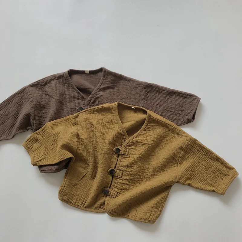 

2021 New Solid Color Children Coat Boys And Girls Cotton Linen Cardigan Kids Jacket Autumn Long Sleeve Tops Baby Outwear 1-6year