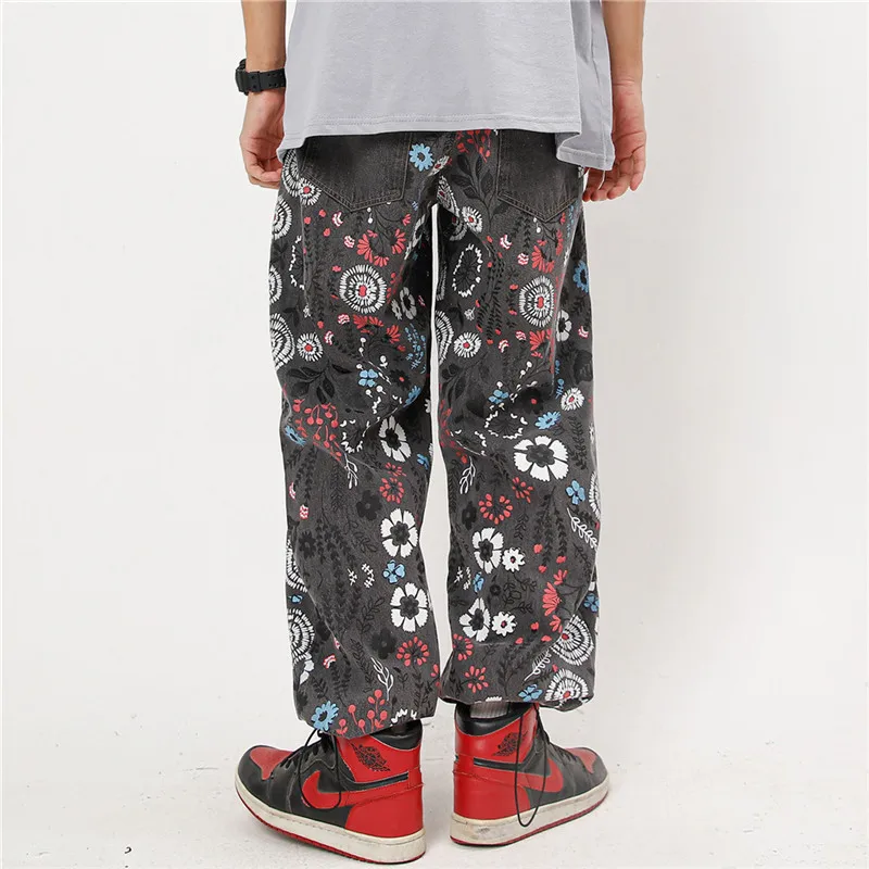 Men's Floral Graffiti Jeans For Man Fashion Brand Casual Drawstring Trousers Male Japanese Streetwear Harajuku Denim Loose Pants