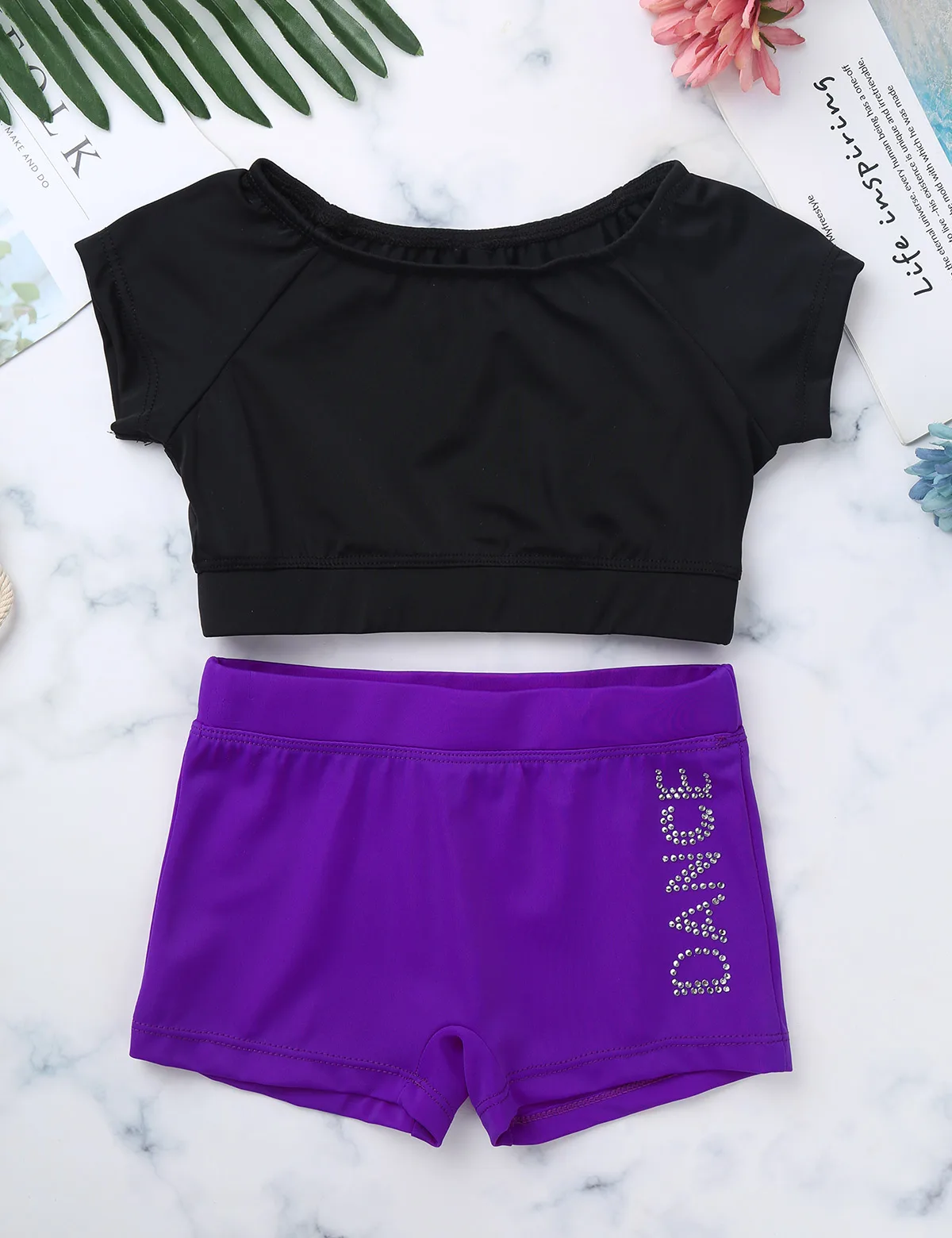 FEESHOW/детский танкини для девочек, топ на бретелях с короткими рукавами и шорты с надписью, комплект с брюками для девочек, для балета, танцев, спорта, тренировок, гимнастики