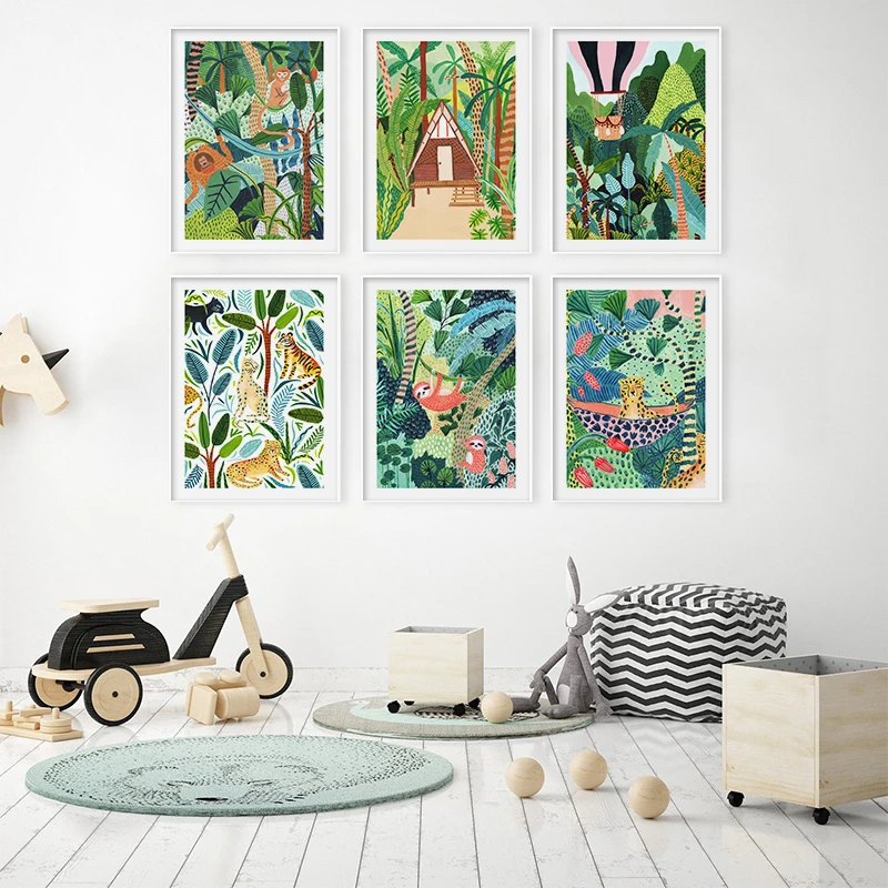 

Nordic Cartoon Tiger Monkey Wall Art Poster and Prints Colorful Forest Painting Decorative Picture for Kid Child Bedroom Decor