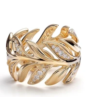 huitan new trendy gold color leaves band women rings inlaid cz metallic versatile girl party ring daily wearable fashion jewelry