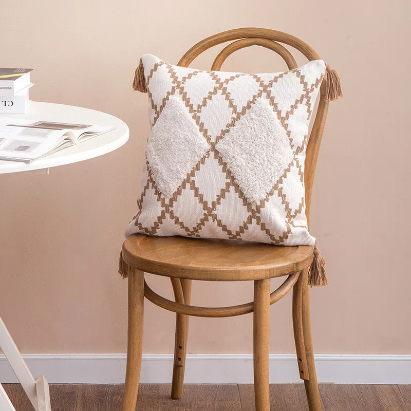 

Square Woven Tufted Tassel Throw Pillow Covers Boho Cushion Covers for Car Sofa Couch Bed