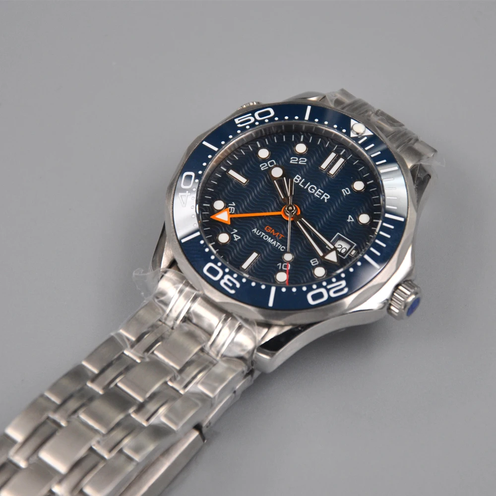 Мужские наручные часы BLIGER 41 мм GMT с сапфировым светящимся синим волнистым узором