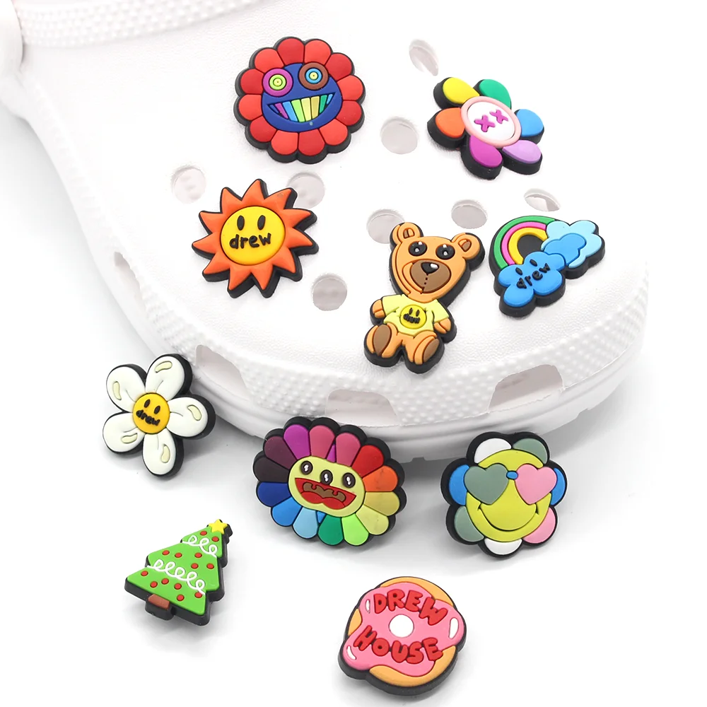 

New 1pcs Funny Smiley Shoe Charms Accessories DIY Rainbow flower Shoe Decorations fit women croc Clog jibz Kid X-mas Party Gifts