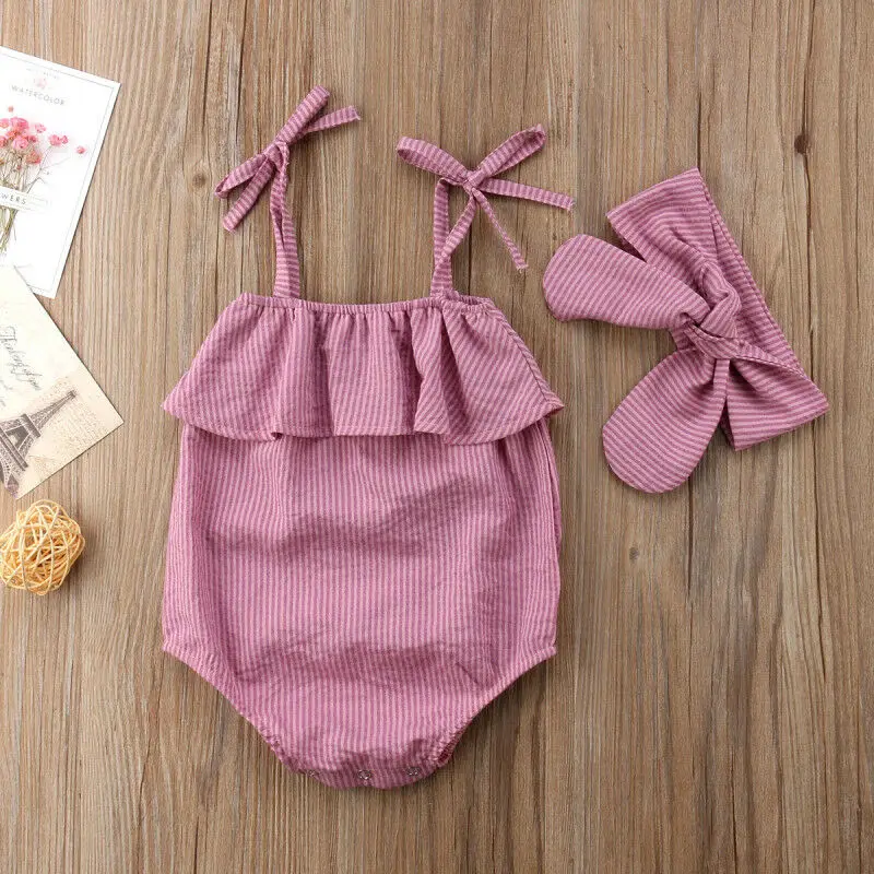 

Goocheer New Toddler Newborn Baby Girl Striped Strap Romper With Headband Jumpsuit 2Pcs Outfit Set Ruffled Crops Sunsuit Sets