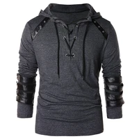 zogaa fashion men full sleeve drawstring hoodies outerwear pullover sweatshirt vintage faux leather patchwork lace up hoodie