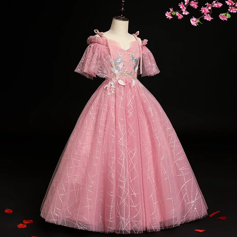 Детское длинное платье принцессы роскошное пушистое с вышивкой для