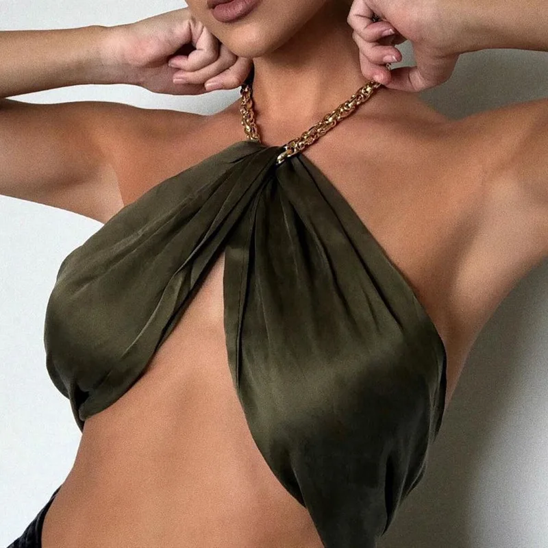 Cryptographic sem Mangas Topos para as Mulheres Moda sem Costas Corrente Cabresto Colheita Chique Clube Festa Sexy Envoltório Verão Topo Cortado 13 High Quality Moda Feminina