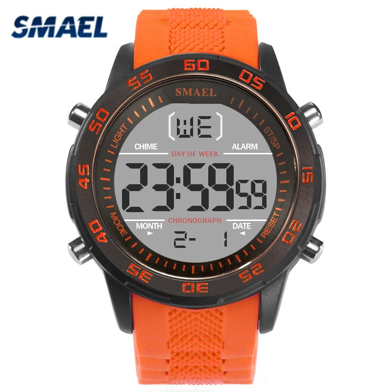 SMAEL Dial Digital Watch Sport Watches Men Silicone Watchband Water Resistant Digital Watch Alarm Orange Wristwatch Men Gift