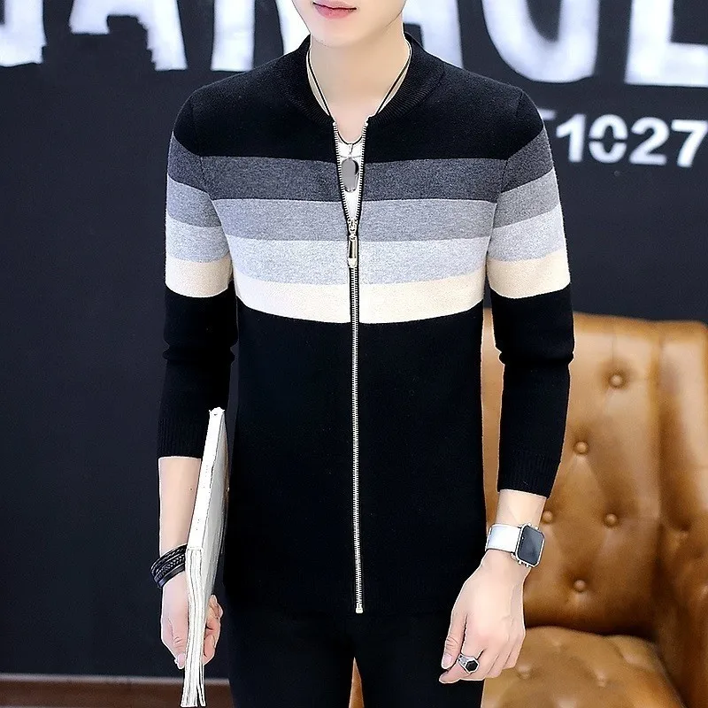 Модная полосатая трикотажная мужская куртка в студенческом стиле Тонкий