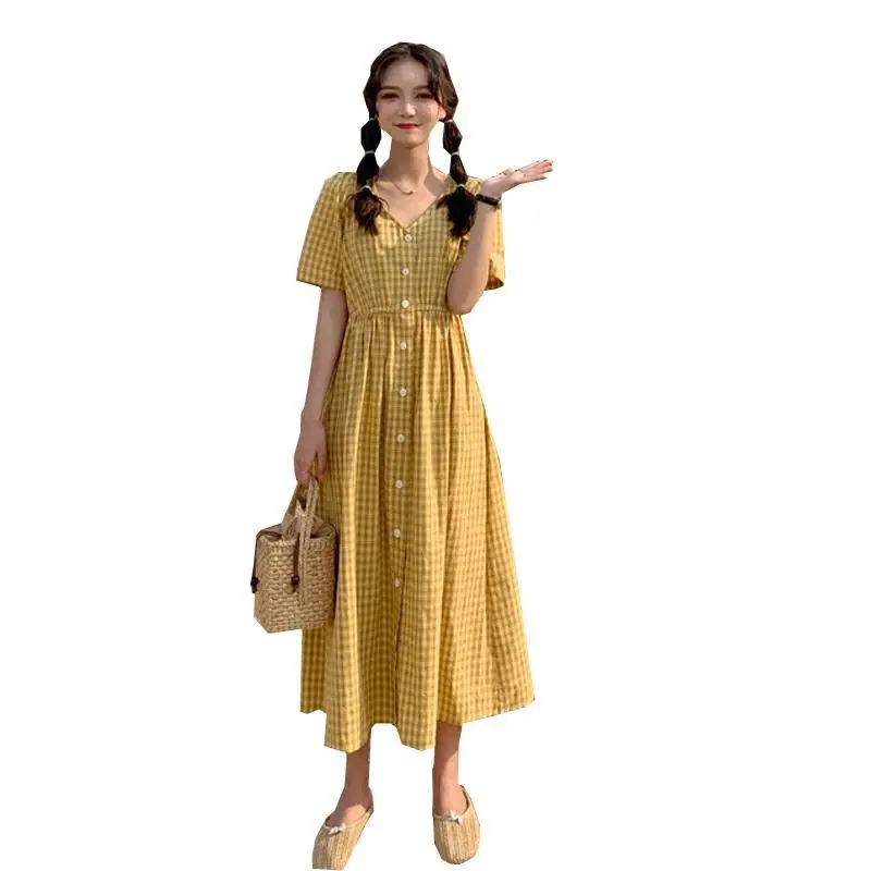 

Women Dress For Spring Summer Style Women's A-Line V-Neck Short sleeve Button Plaid striped Fashion Design Ladies Dress SS3222