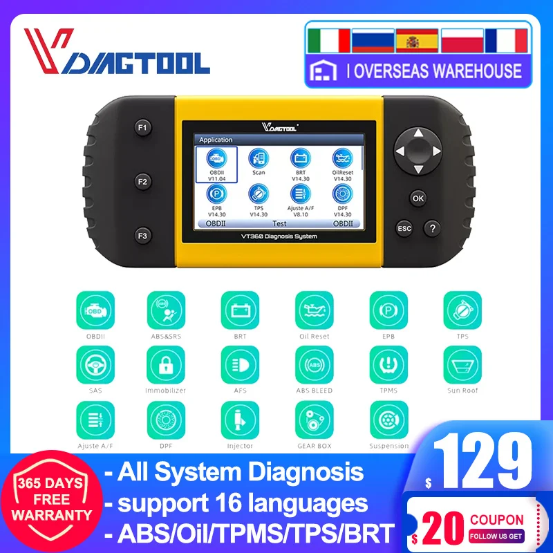 Диагностический сканер VDIAGTOOL VT360 для всех систем диагностики автомобиля OBD2