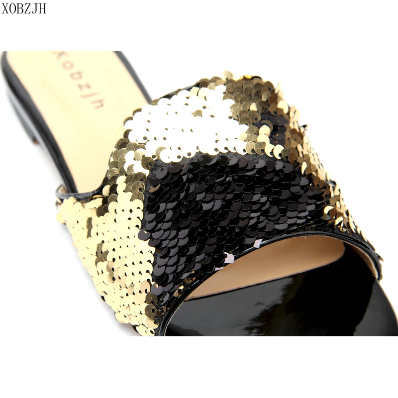 Сандалии женские двусторонние на плоской подошве босоножки с блестками без